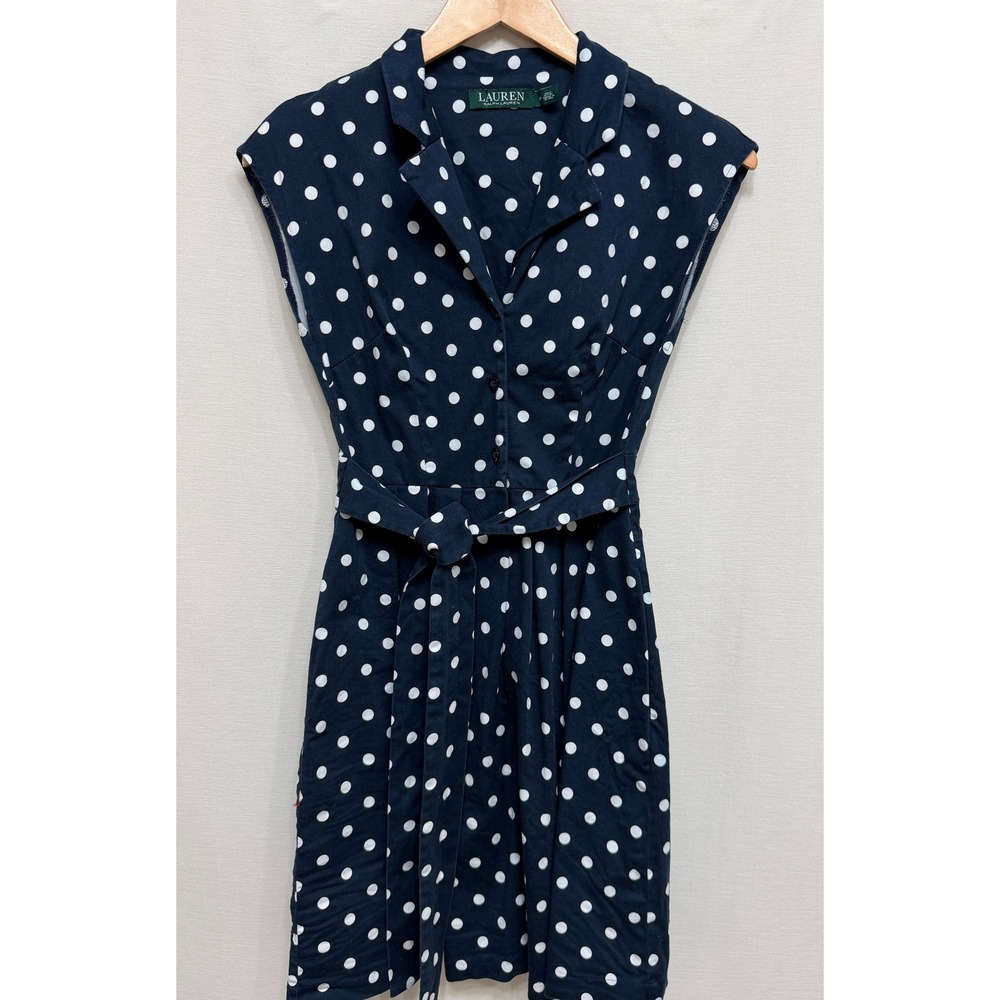 Lauren Ralph Lauren Women's Navy White Polka Dot Belted Shirt Dress Size 2P